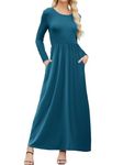 OURS SUPNIER Women Long Sleeve Loose Solid Maxi Dresses Casual Round Neck Long Dresses with Pockets (Blue Green, S)