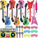 22Pcs Inflatable Instruments Party Props, Inflatable Rock Star Toy with Inflatable Guitar, Microphone, Inflatable Radio Boombox, Shutter Shading Glasses for 80s 90s Themed Rock and Roll Party Favor