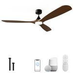 60 Inch Ceiling Fan with Lights, Solid Wood Blades Smart Ceiling Fan with Remote and App Controls, ETL Quiet DC Motor 6 Speed, Timing, High CFM, Dimmable LED Light for Home Office (Walnut)