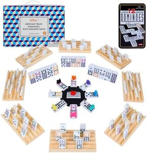 Offelec Mexican Train Dominoes Set, 91 Tiles Double 12 Game with 8 Wooden Racks/Trays, Tin Box, and Colorful Trains, Classic Domino Set, Perfect for Kids, Adults, and Families (D12 + 8 Holders)