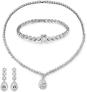 MASOP Fashion Women Wedding Jewelry Sets for Brides AAA Cubic Zirconia Costume Jewelry Necklace Earring Bracelet Set, Metal Gemstone, Cubic Zirconia