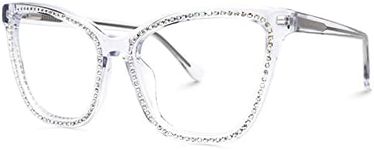 VOOGLAM Crystal Cat Eye Blue Light Blocking Glasses, Fashion Glasses Frame for Women Anti Eyestrain & UV