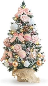WBHome 1.8 Feet Pre-lit & Pre-Decorated Tabletop Christmas Tree, Rose Gold Ornament Decorations with Pine Cones, Snow Flocked Mini Christmas Tree with Lights, 35 Bulbs (1.8FT)
