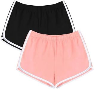 URATOT 2 Pack Cotton Sports Shorts Yoga Short Pants Summer Running Athletic Shorts Women Dance Gym Workout Elastic Shorts, Black, Pink, Large