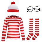 Adult Red and White Striped Shirt Men Women's Funny Halloween Costumes Shirt Hat Socks and Glasses (Women, Medium)