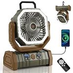 Odoland 30000mAh Camping Fan with LED Lantern, Rechargeable Battery Operated Oscillating Fan with Remote & Hook, Portable Tent Fan with Timer, 4 Speeds for Outdoor Camp RV Jobsite Power Outage,Brown