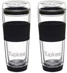 Tupkee Double Wall Glass Tumbler - All Glass Reusable Insulated Tea/Coffee Mug & Lid, Hand Blown Glass Travel Mug, 14-Ounce, Black