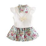 Bold N Elegant Girls Collared Tee Top and Flared Floral Skirt with Detachable Pearl Necklace Coordinated Dress for Girls (6-12 Months, Green - White)