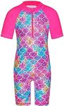 TFJH E Girls Short Sleeve Swimwear 1pcs Rash Guard Suits UV 50+ Bathing Suits Swimsuits Zip 4t 5t HotPink Scale Short 4A