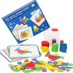 155 PCS Wooden Pattern Blocks Set Geometric Shape Puzzle Kindergarten Classic Educational Montessori Tangram Toys for Kids Ages 4-8 with 12Pcs Double Side Cards