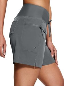 ISEEGZ Women's 5"/9" High Waisted Swim Board Shorts Quick Dry UPF 50+ Womens Swim Trunk Bottoms with Liner Zipper Pockets Deep Grey