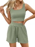 Trendy Queen Two Piece Summer Outfits 2 Piece Sets 2025 Sleeveless Matching Lounge Crop Top High Waisted Short Green L