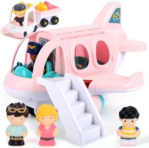 PLAY Airplane Toy for Kids - Toddler Airplane Toys Travel Plane Toys for Kids 2 Years Old with Small Figures & Baggage Carrier, Musical Toy Airplane with Lights for Boys Girls Gifts Birthday (Pink)