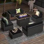 Vakollia 8 Pieces Patio Furniture Set with 44" Propane Gas Fire Pit Table, Outdoor Sectional Wicker Conversation Sofa Sets with Coffee Table