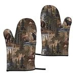 Rustic Lodge Bear Moose Oven Mitts Set of 2 Heat-Resistant Kitchen Gloves Women Men Cooking BBQ Grilling Microwave