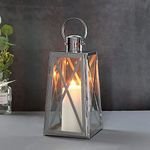 TRIROCKS 30 cm High Stainless Steel Decorative Lantern Metal Candle Holder with Clear Glass Panels Perfect for Home Decor Living Room Parties Events Tabletop Indoors Outdoors(Silver)