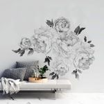 Floral Peony Wall Decal, Elegant Monochrome Flower Bouquet, Removable Peel and Stick Wall Stickers for Living Room, Bedroom, Bathroom, Kitchen, Dining Room, Nursery, Office, Home Decor