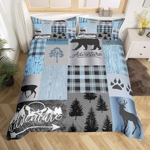 Rustic Patchwork Bedding Set,Blue Grey Checkered Plaid Duvet Cover Set for Kids Teens Adult,Wild Animals Bear Elk Pine Trees Pattern Print Comforter Cover Vintage Farmhouse Quilt Cover,Full Size