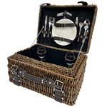 Arthur Cameron Designer Wicker 2 Person Picnic Basket Hamper Set with Lid and Handle - Black Lining