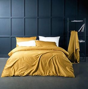 Solid Color Egyptian Cotton Duvet Cover Luxury Bedding Set High Thread Count Long Staple Sateen Weave Silky Soft Breathable Pima Quality Bed Linen (King, Mustard Yellow)