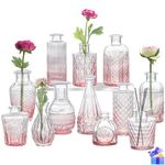 Megarte Glass Bud Vases Decor - Set of 12 Vintage Small Bulk Flower Centerpieces - Mini Clear Wedding Bottles for Tables Home Party Rustic Tablescape Ideas Decorations - Pink