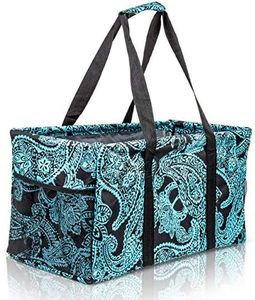 Lucazzi Extra Large Utility Tote Bag - Oversized Collapsible Reusable Wire Frame Rectangular Canvas Basket With Two Exterior Pockets For Beach, Pool, Laundry, Car Trunk, Storage - Paisley Blue