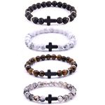 Softones 4PCS Cross Beads Bracelet for Men Women 8mm Healing Lava Stone Stretch Bracelets,7.5", 7.5 inch, Stainless Steel