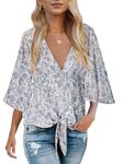 Women's Tie Knot Front Tops 3/4 Bell Sleeve V Neck Boho Shirts Summer Blouses, F2 Blue White, X-Large