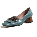 TinaCus Women's Genuine Leather Square Handmade Tassels Chunky Heel Retro Loafers Shoes with Chain, B Blue, 7