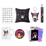 woopme Cute Kuromi Kit For Kids Birthday Gift Sanrio Fans | Kawaii Combo Gift Kit | 7 Products : Mug, Mini Posters, Keychain, Bag Tag, Badge,Stickers, Pillow