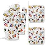 Cute Kid Oven Mitts and Pot Holders for Kitchen & Baking - Set of 4 Heat-Resistant,Heavy-Duty Cooking Mittens