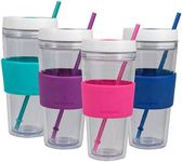 COOL GEAR 4 Pack 24 oz Callisto Clear Chiller with Straw and Band | Dual Function Closure Colored Re-Usable Tumbler Water Bottle - Teal/Purple/Pink/Blue