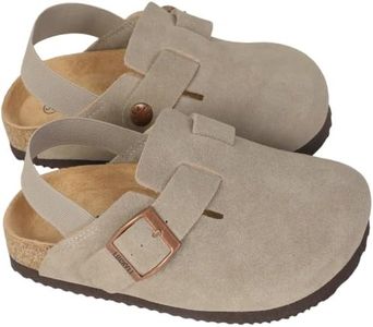 LUCKYLI Kids Suede Clogs Cork Footbed Sandals Toddler Boys Girls Memory Foam Insole Mules with Arch Support Lightweight Elastic Heel Strap Slippers for Indoor Outdoor (9 Toddler, Grey)