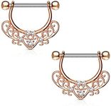 BodyJewelryOnline Pair of Cz Set Center Heart Filigree Dangle 316L Surgical Steel Nipple Rings 14G 1/2. Her (Rose Gold IP)