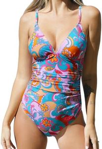 CUPSHE Women Swimsuit One Piece V Neck Tummy Control Ruched Front Low Back Bathing Suit Swimwear Boho Paisley Print M