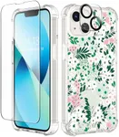 GVIEWIN Designed for iPhone 13 Case 6.1 Inch, with Tempered Glass Screen Protector + Camera Lens Protector Clear Flower Soft & Flexible Shockproof Floral Women Phone Cover (Spiraea/Green)