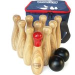 Wooden Game Set-Lawn Bowling and-Hardwood10 Pins & 2 Balls in a Carry Bag (20cm-High, natural)