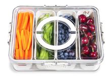 1 Pcs Portable Picnic Parties Fruit Tray, 4 Compartment Fridge Food Veggie Condiment Divided Serving Preservation Storage Containers, Kitchen Clear Snackle Box Candy Organizer with Lid Handle (1PC)