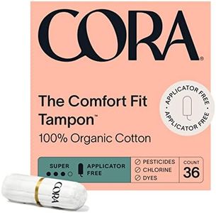 Cora 100% Organic Cotton Non-Applicator Tampons | Ultra-Absorbent, Unscented, Natural, Non-Toxic, Applicator Free | Eco-Conscious S/S+ (36 S Tampons)