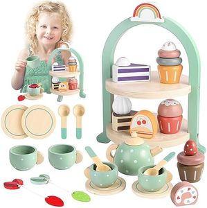 GAGAKU Wooden Tea Set for Toddlers,Tea Party Set for Children Play Kitchen Kids Kitchen Accessories Pretend Play Food Playset for Girls