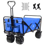 Heavy Duty Wagon Cart Outdoor Folding Utility Camping Garden Beach Cart with Universal Wheels Adjustable Handle Shopping (Blue)