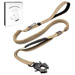 Dote on Tactical Dog Lead with Padded Handles 4.5-6.3FT Shock Absorbing Bungee Heavy Duty Reflective Lead Strong No-Pull Design Metal Carabiner Clip Car Seat Belt for Medium Large Dogs, Khaki