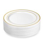 BloominGoods 50 Plastic Disposable Dinner Plates | 10.25 inches White with Gold Rim Real China Look | Ideal for Weddings, Parties, & Catering | Heavy Duty & Non Toxic (50-Pack)