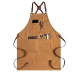 Vomgomfom Chef Apron Adjustable Canvas Apron with Crossback and Large Pockets, Waterproof Kitchen Cooking Baking Bib (Brown)