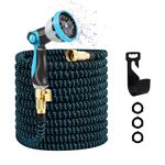 Expandable Garden Hose, Water Hose 100ft with 10 Function Nozzle, Flexible Hose with 3/4" Solid Brass Fittings, Extra Strength Fabric, Easy Storage Kink Free, Black & Blue