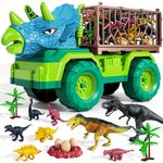 TEMI Dinosaur Truck Toy for Kids +3 Years Old, Triceratops Transport Car Carrier Truck with 8 Dino Figures, Activity Play Mat, Dinosaur Eggs and Trees, Capture Dinosaur Play Set for Boys and Girls