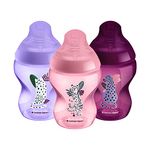 Tommee Tippee Closer to Nature Baby Bottles, Slow-Flow Breast-Like Teat with Anti-Colic Valve, 260ml, Pack of 3, Jungle Pinks