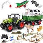 fisca Kids Tractor Toy Farm Playset Remote Control Tractor, 2.4Ghz RC Tractor with Trailer and Conveyor, 45PCS Farm Toys Set with Farm Animals Figurines Fences Farmers for Kids Age 3 4 5 6 Years Old