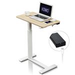 kowo Electric Standing Desk on Wheels with Rechargeable Battery, Small Laptop Table for Bed & Sofa, 70 * 40cm, Overbed Table Height Adjustable Sit Stand Stand Up Desk, Home Office & Bedroom Desk, Oak