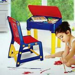 Nilkamal Apple Junior Study Table and Chair Set with Storage for Stationary | Laptop Desk | Dining Breakfast Table for Eating | Suitable for 3 to 12 Years Age | Vibrant Red & Blue Colour, Glossy